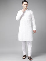Men White Pure Cotton Chikankari Embroidered Straight Kurta