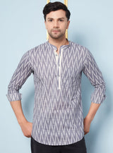 Men Grey & White ZigZag Printed Cotton Short Kurta