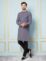 Men Grey Floral Embroidered Sequined Rayon Kurta & Black Pajama