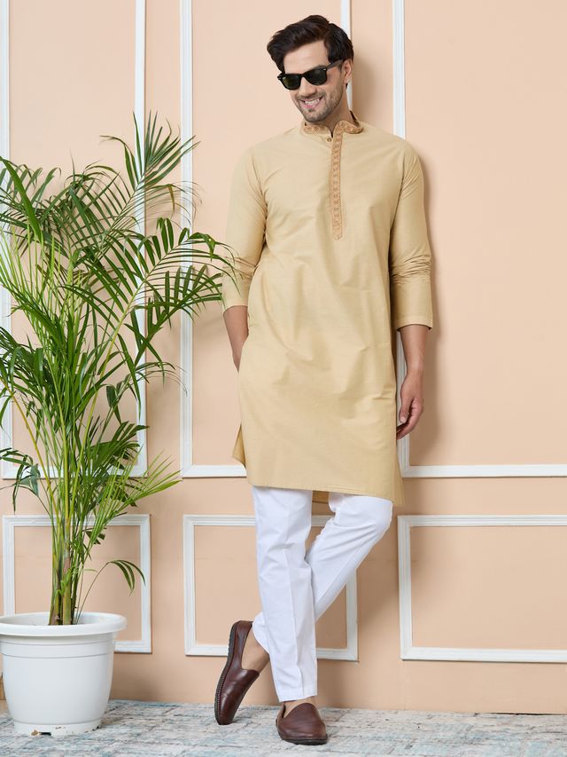 Beige Delux Cotton Straight Kurta with Embroidered Neck