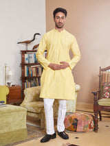 Men Yellow Cotton Silk Pintex Design Thread Work Kurta