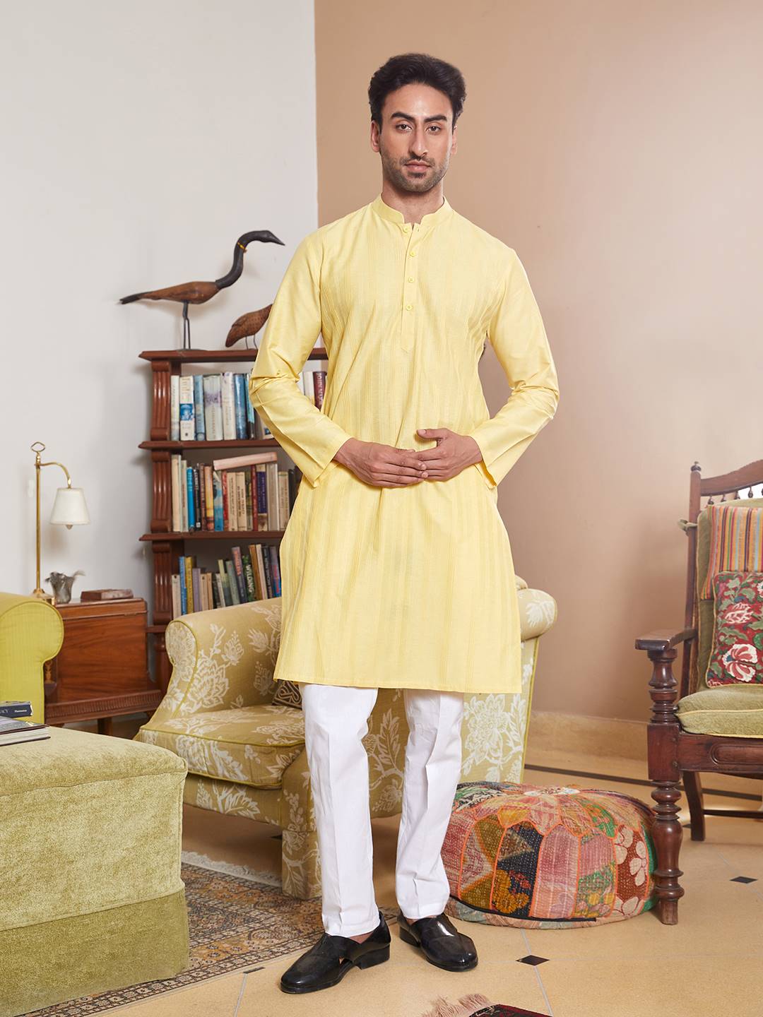 Men Yellow Cotton Silk Pintex Design Thread Work Kurta With Pajama