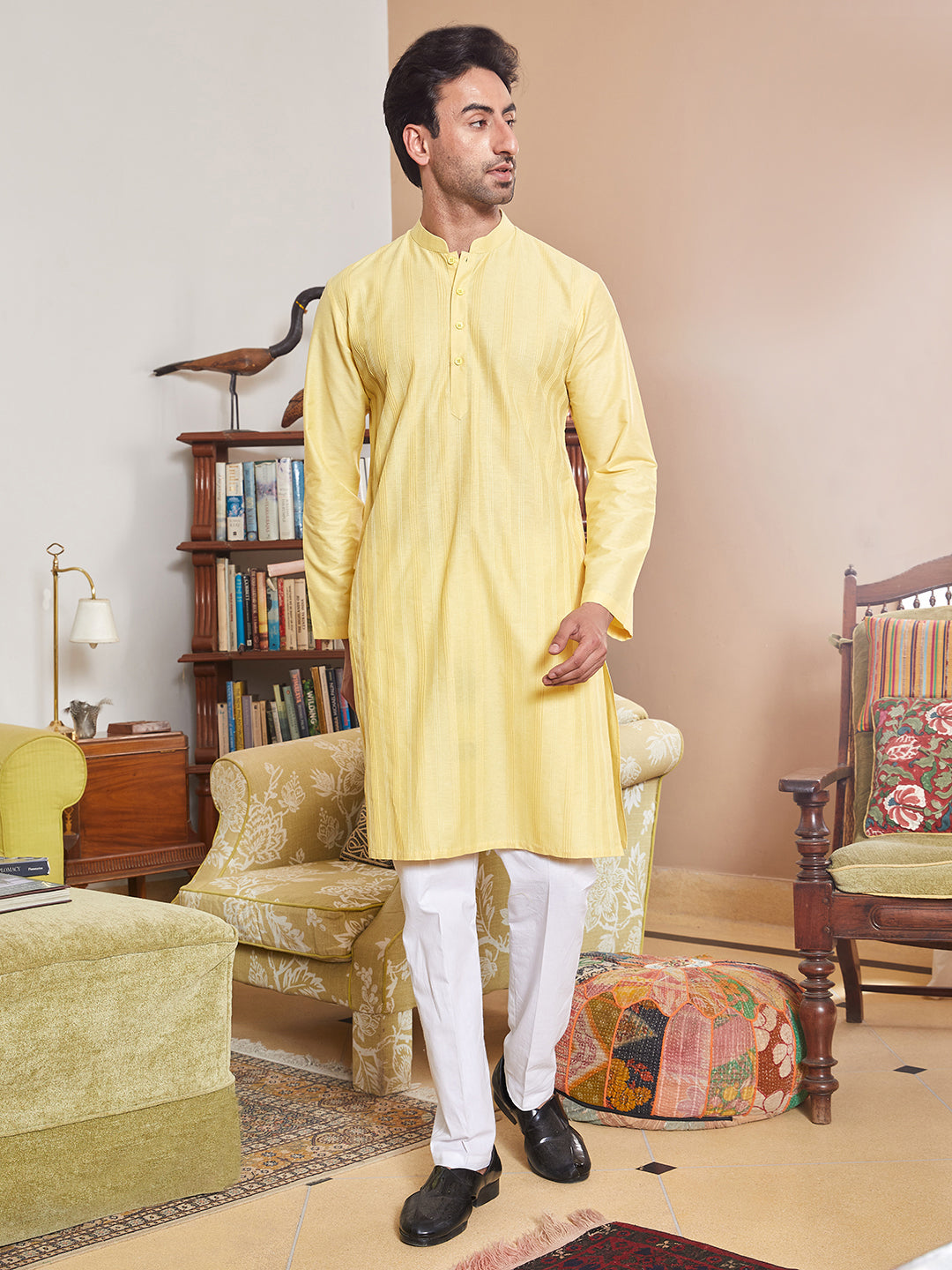 Men Yellow Cotton Silk Pintex Design Thread Work Kurta