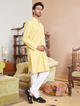 Men Yellow Cotton Silk Pintex Design Thread Work Kurta