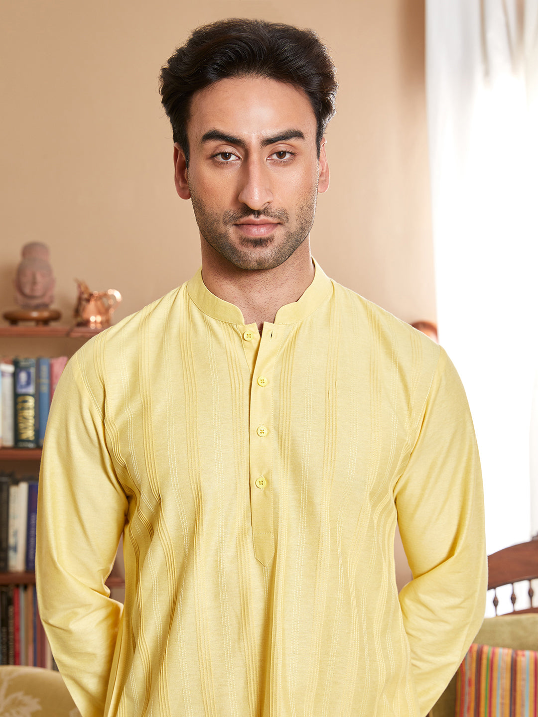 Men Yellow Cotton Silk Pintex Design Thread Work Kurta