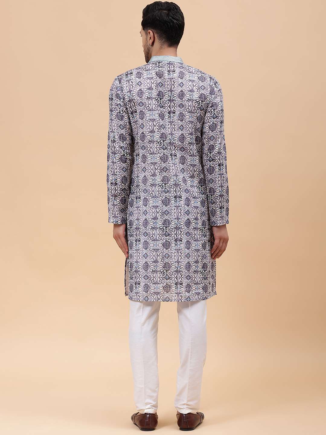 Men Aqua Grey Printed Pure Cotton Straight Kurta