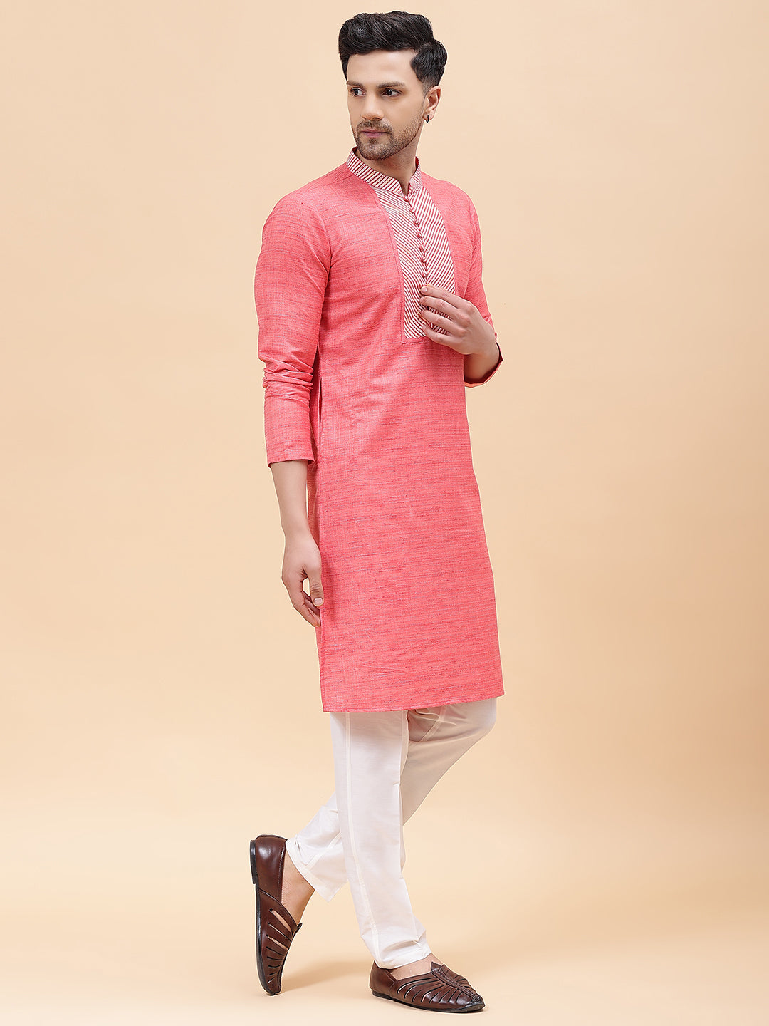 Riwaat.com Men Pink & White Coloured Silk Woven Design Straight Kurta Riwaat Silk Woven Design