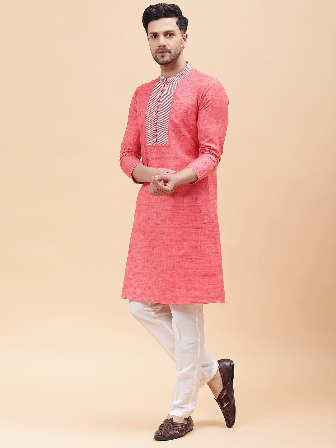 Riwaat.com Men Pink & White Coloured Silk Woven Design Straight Kurta Riwaat Silk Woven Design