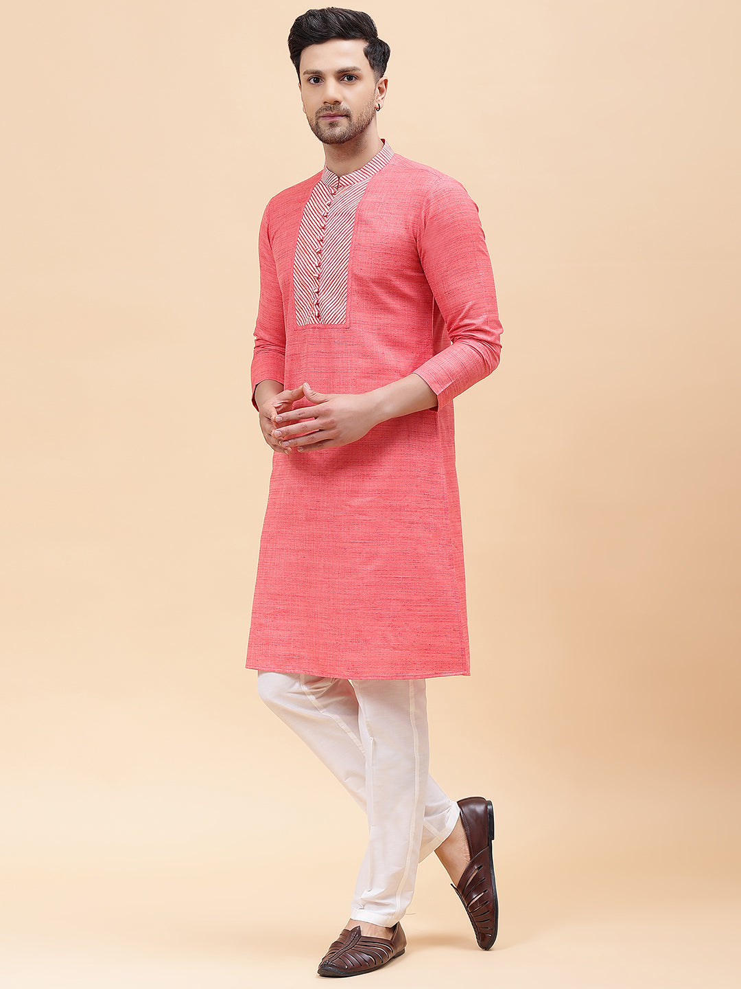 Riwaat.com Men Pink & White Coloured Silk Woven Design Straight Kurta Riwaat Silk Woven Design