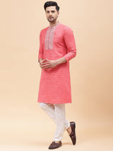 Riwaat.com Men Pink & White Coloured Silk Woven Design Straight Kurta Riwaat Silk Woven Design