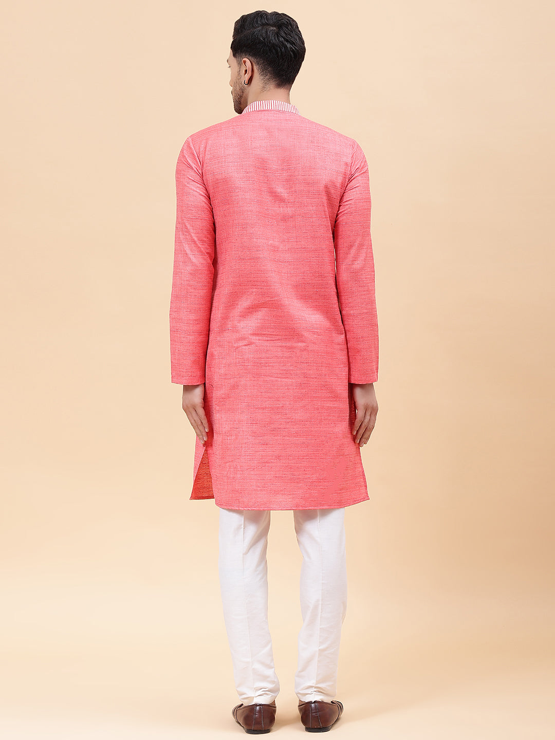 Riwaat.com Men Pink & White Coloured Silk Woven Design Straight Kurta Riwaat Silk Woven Design