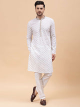 Men Off White & Multi Color Pure Cotton Embroidered Straight Kurta