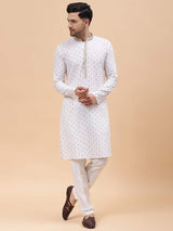 Men Off White & Multi Color Pure Cotton Embroidered Straight Kurta