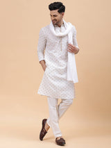 Men Off White & Multi Color Pure Cotton Embroidered Straight Kurta