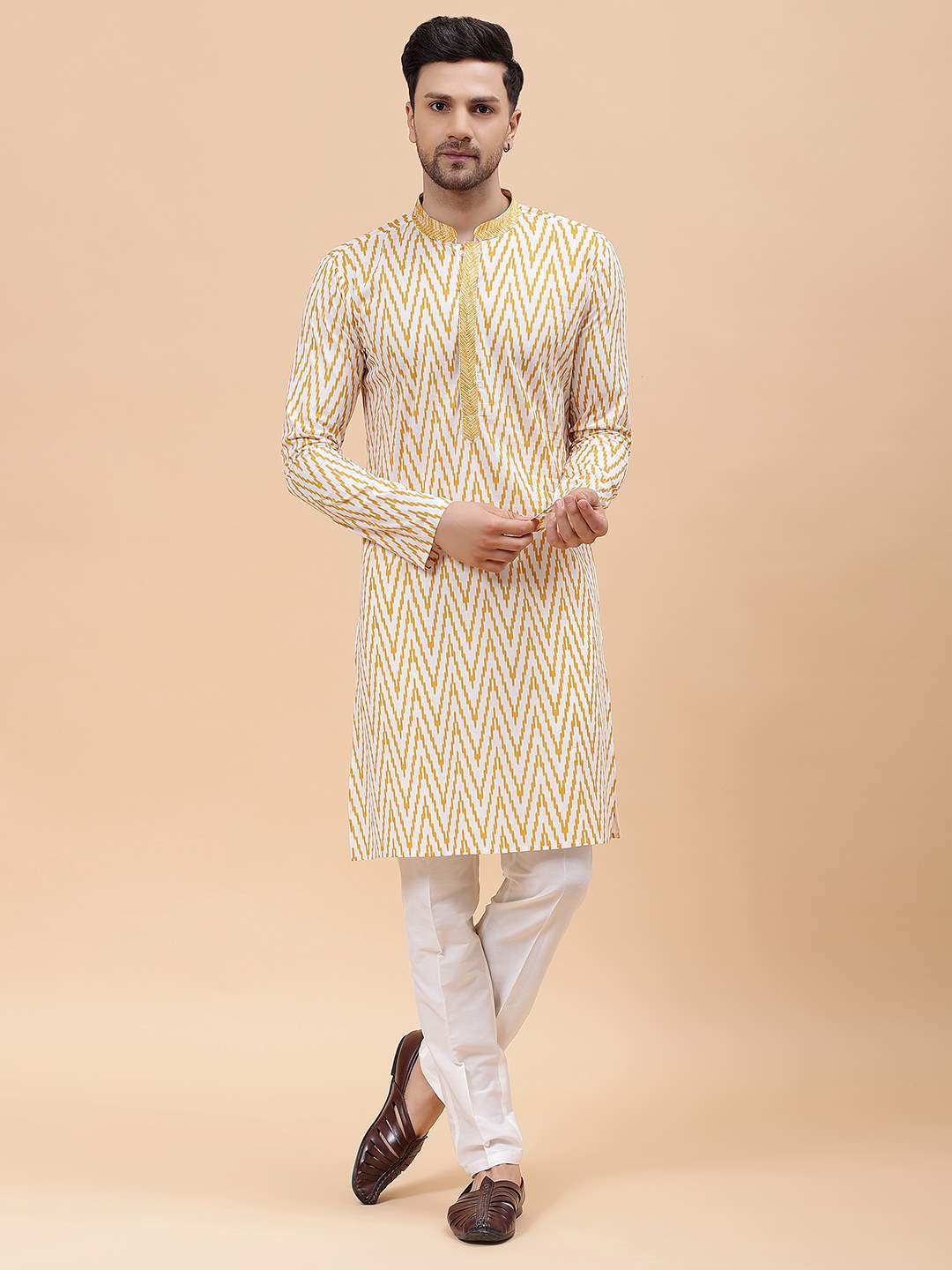 Men Off White & Mustard Pure Cotton Embroidered Straight Kurta