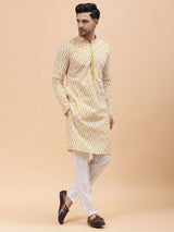 Men Off White & Mustard Pure Cotton Embroidered Straight Kurta