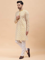 Men Off White & Mustard Pure Cotton Embroidered Straight Kurta