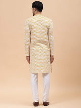 Men Off White & Mustard Pure Cotton Embroidered Straight Kurta