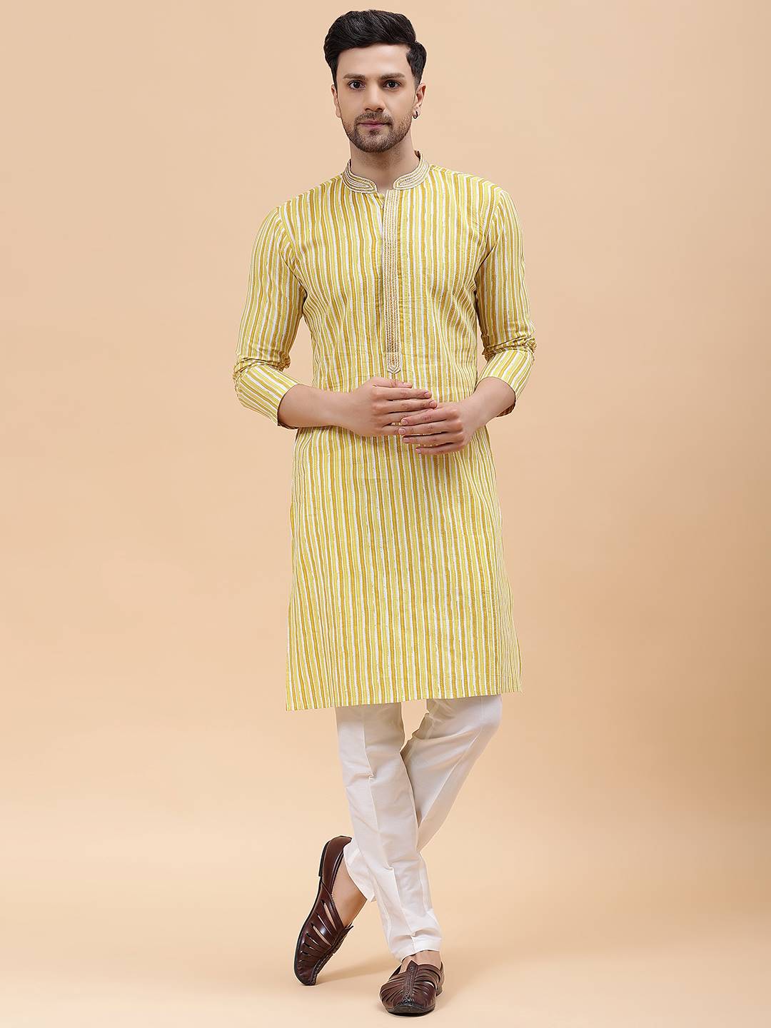 Men Gold & White Pure Cotton Embroidered Straight Kurta