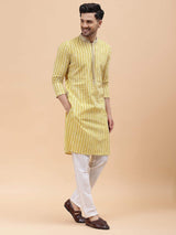 Men Gold & White Pure Cotton Embroidered Straight Kurta