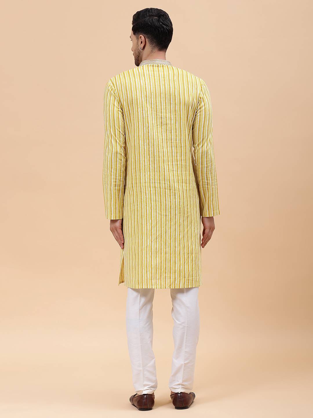 Men Gold & White Pure Cotton Embroidered Straight Kurta