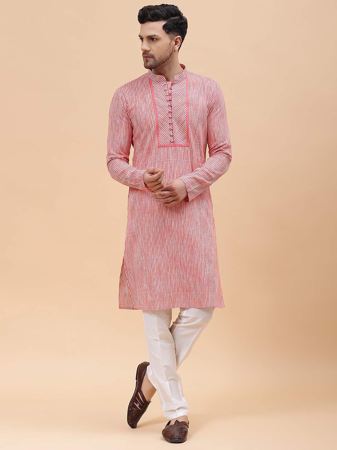 Men Pink Stripe Pure Cotton Printed Straight Kurta