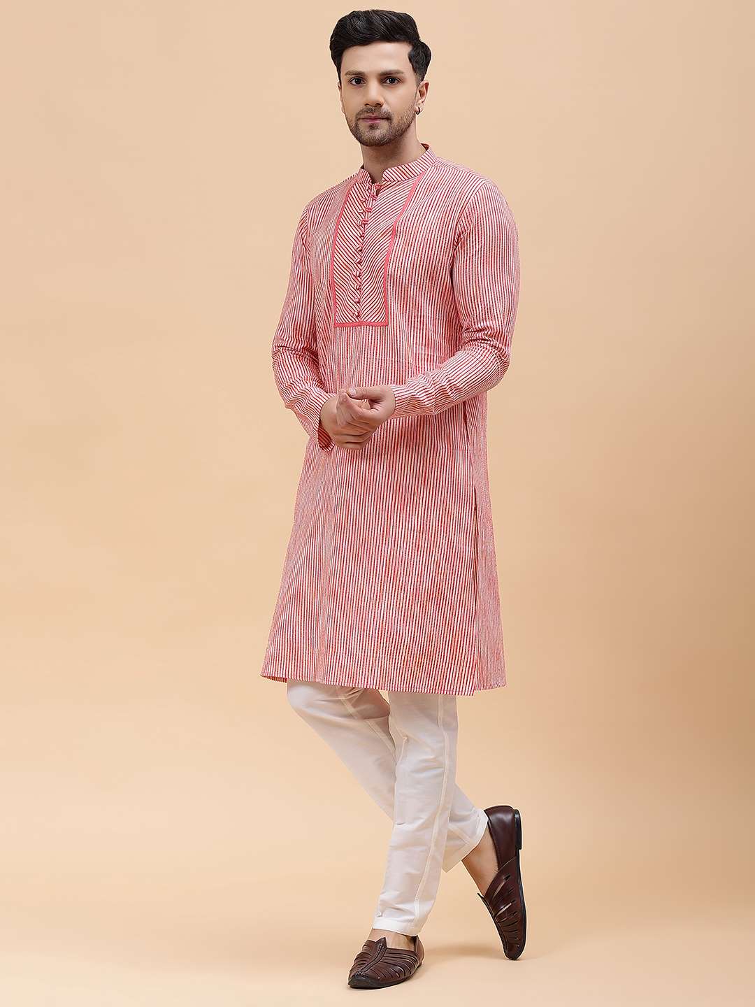 Men Pink Stripe Pure Cotton Printed Straight Kurta