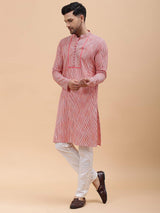 Men Pink Stripe Pure Cotton Printed Straight Kurta