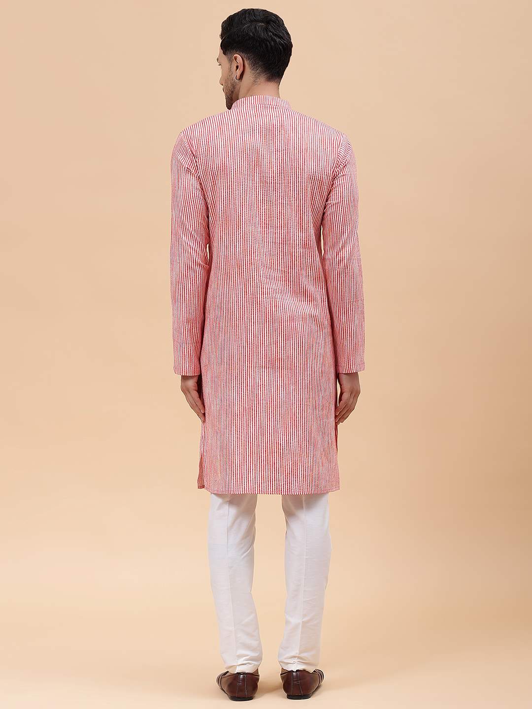 Men Pink Stripe Pure Cotton Printed Straight Kurta