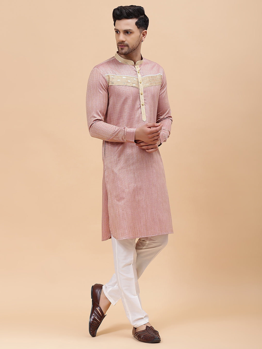 Riwaat.com Men Tan & Khaki Silk Woven Design Straight Kurta Riwaat Printed Woven Design