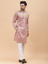 Riwaat.com Men Tan & Khaki Silk Woven Design Straight Kurta Riwaat Printed Woven Design