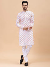 Men White & Orange Pure Cotton Embroidered Straight Kurta