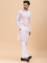 Men White & Orange Pure Cotton Embroidered Straight Kurta