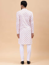 Men White & Orange Pure Cotton Embroidered Straight Kurta