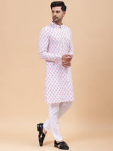 Riwaat.com Men White & Orange Pure Cotton Embroidered Straight Kurta Riwaat Embroidered