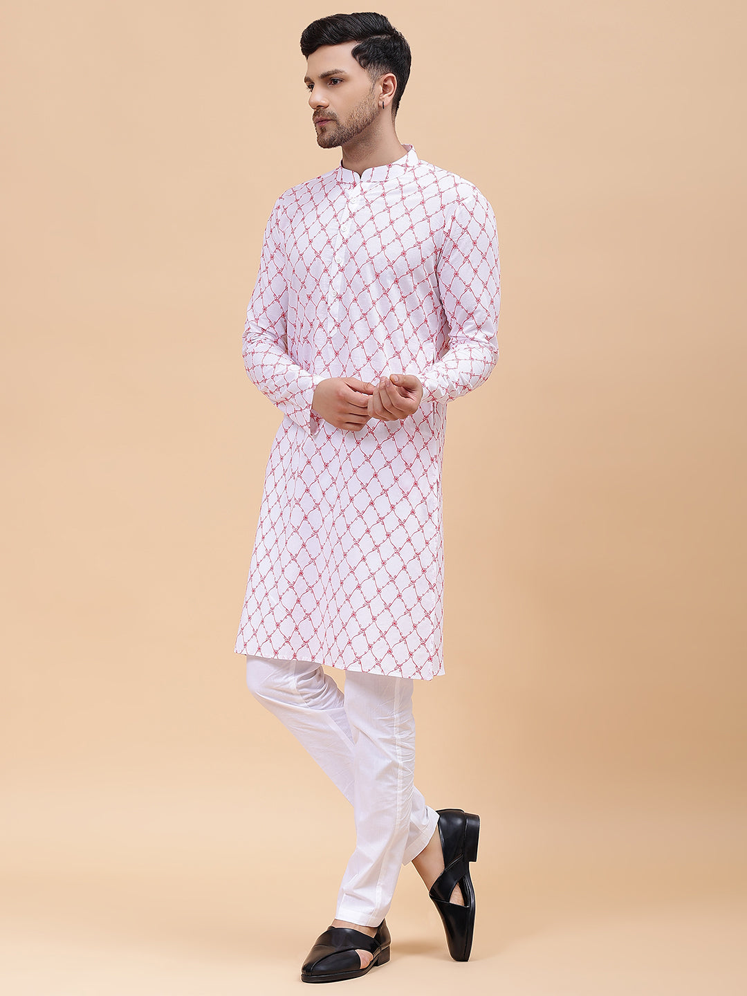 Riwaat.com Men White & Orange Pure Cotton Embroidered Straight Kurta Riwaat Embroidered