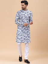 Men White & Blue Pure Cotton Printed Straight Kurta