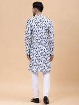 Men White & Blue Pure Cotton Printed Straight Kurta