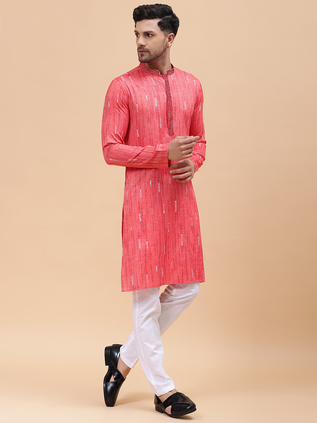 Riwaat.com Men Pink & White Silk Woven Design Straight Kurta Riwaat Silk Woven Design