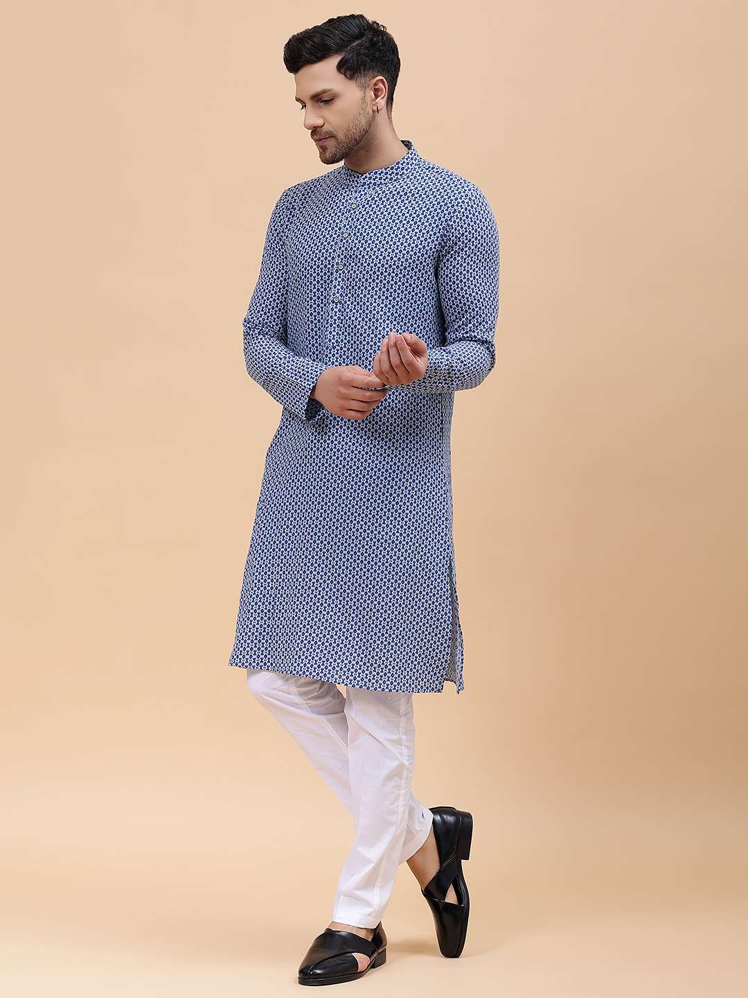 Men Blue & Grey Pure Cotton Printed Straight Kurta