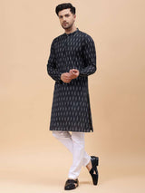 Men Black & White Pure Cotton Printed Straight Kurta