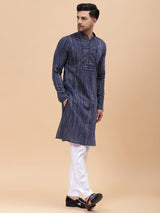 Men Navy Blue Pure Cotton Printed Straight Kurta