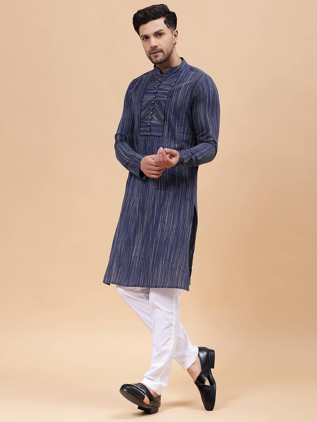 Men Navy Blue Pure Cotton Printed Straight Kurta