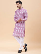 Men Lavender & White Pure Cotton Printed Straight Kurta