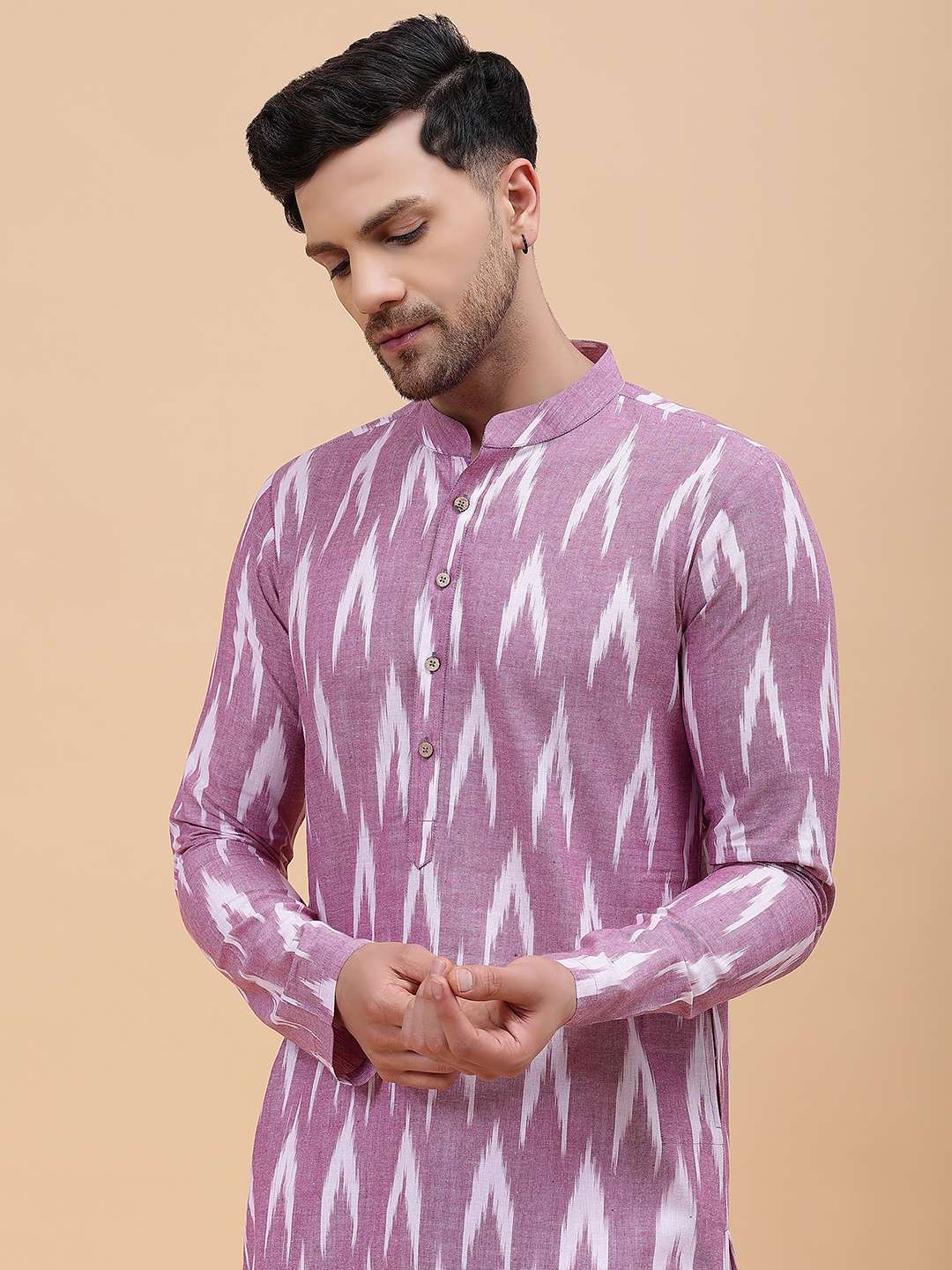 Men Lavender & White Pure Cotton Printed Straight Kurta