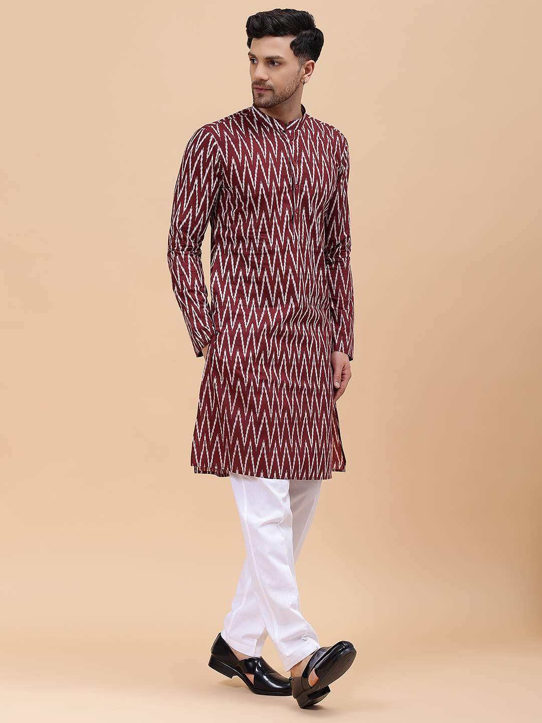 Men Maroon & White Pure Cotton Printed Straight Kurta