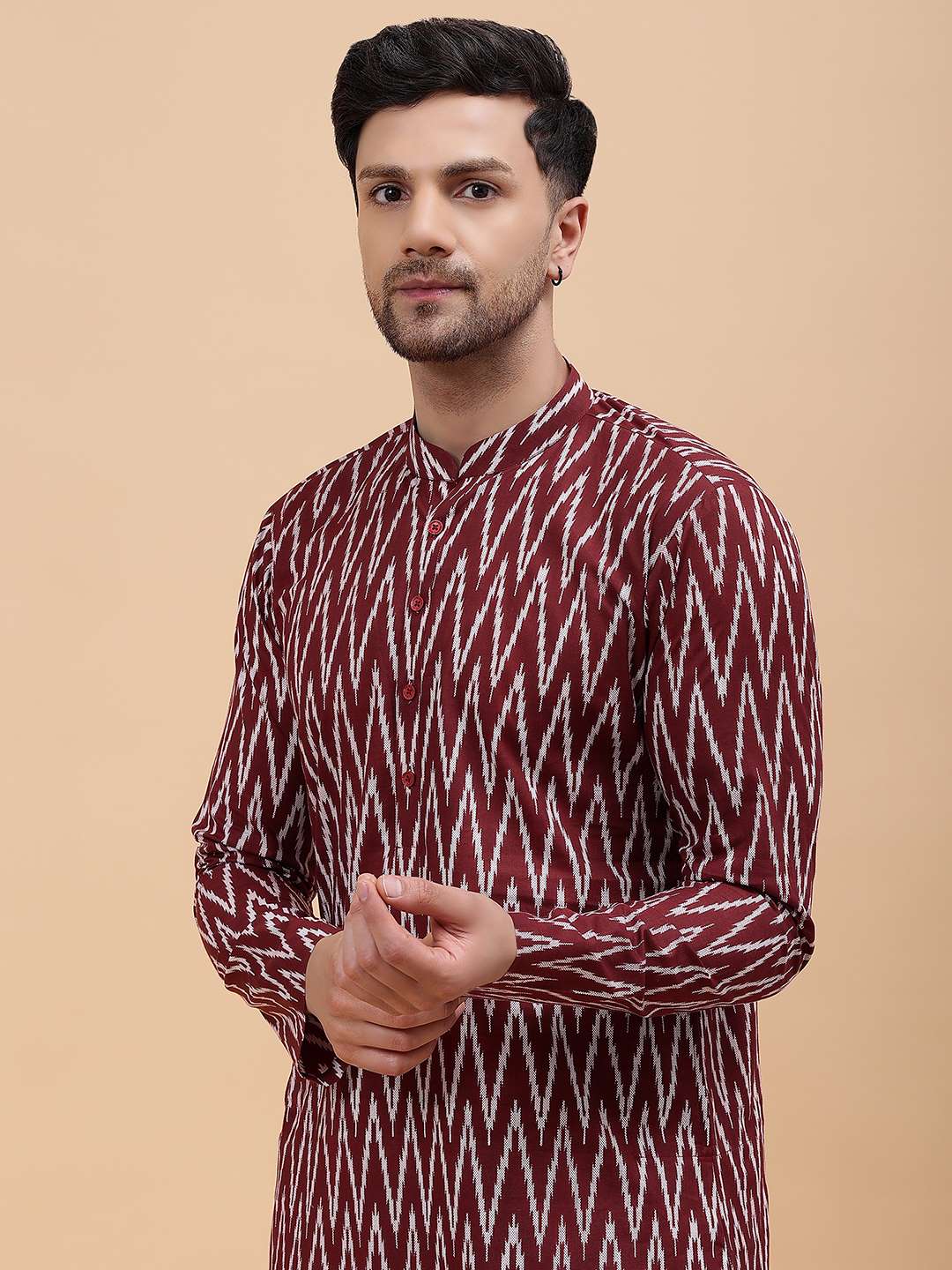 Men Maroon & White Pure Cotton Printed Straight Kurta