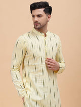 Men Cream & Green Pure Cotton Printed Straight Kurta