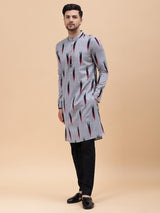 Men Grey & Black Pure Cotton Printed Straight Kurta