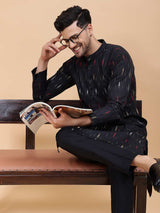 Men Black & Red Pure Cotton Printed Straight Kurta